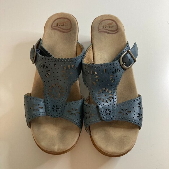 Dansko Sapphire Blue Leather Laser Cutout Buckle Slip on Sandals, Wooden Size 41 - Picture 1 of 8